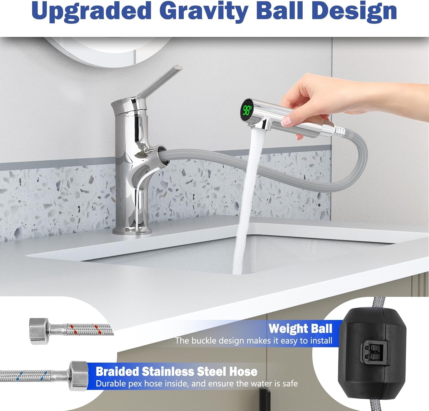 Bathroom Sink Faucet with Pull Out Sprayer, Temperature Digital Display Basin Faucets for 1 Hole Single Handle Lavatory Vanity Faucet Rv Single Hole Bath Faucet, Chrome