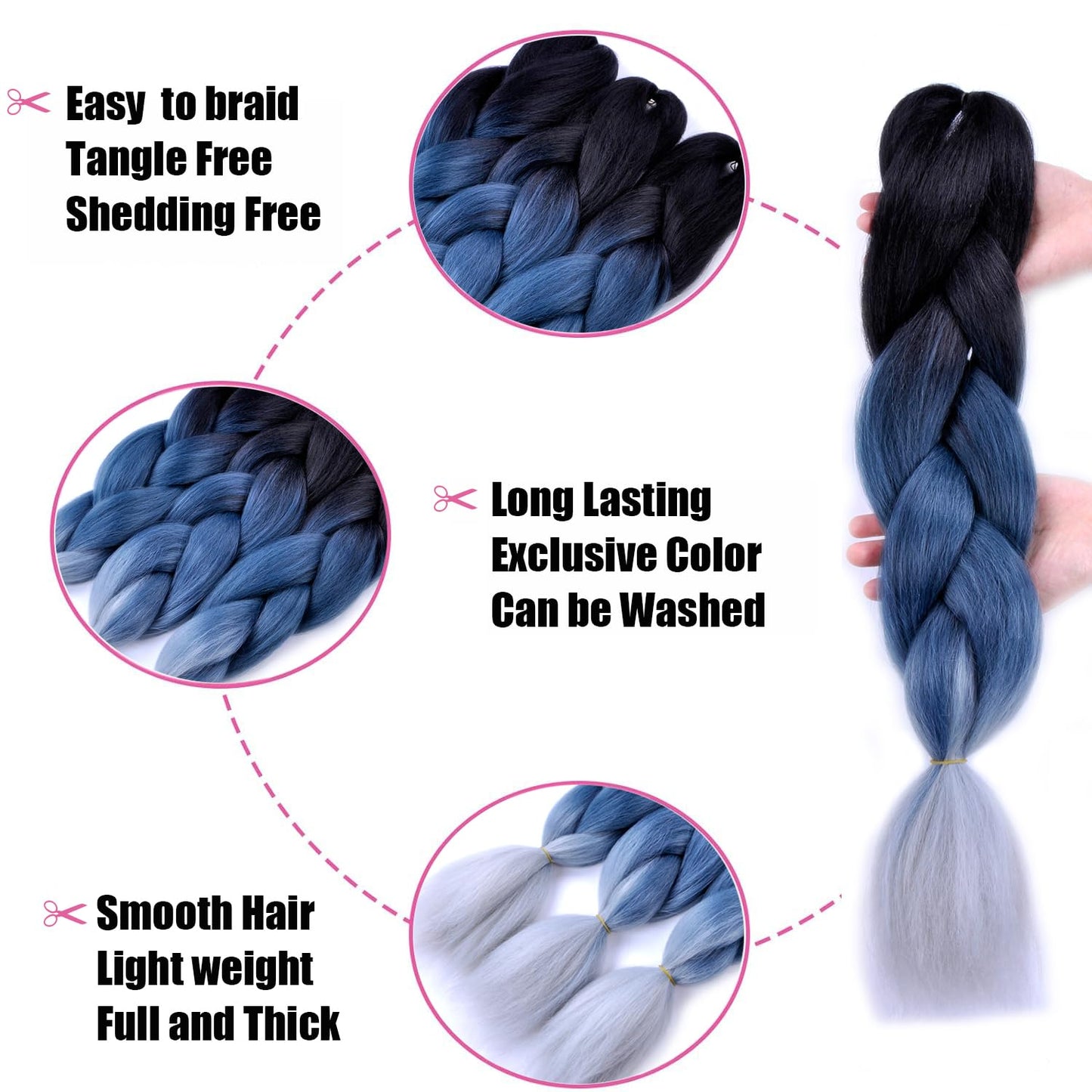 Jumbo Braiding Hair Ombre 3Pcs (Black/Grey Blue/Silver Grey) Jumbo Braid Hair Extension Ombre Colors for Crochet Braids Hair