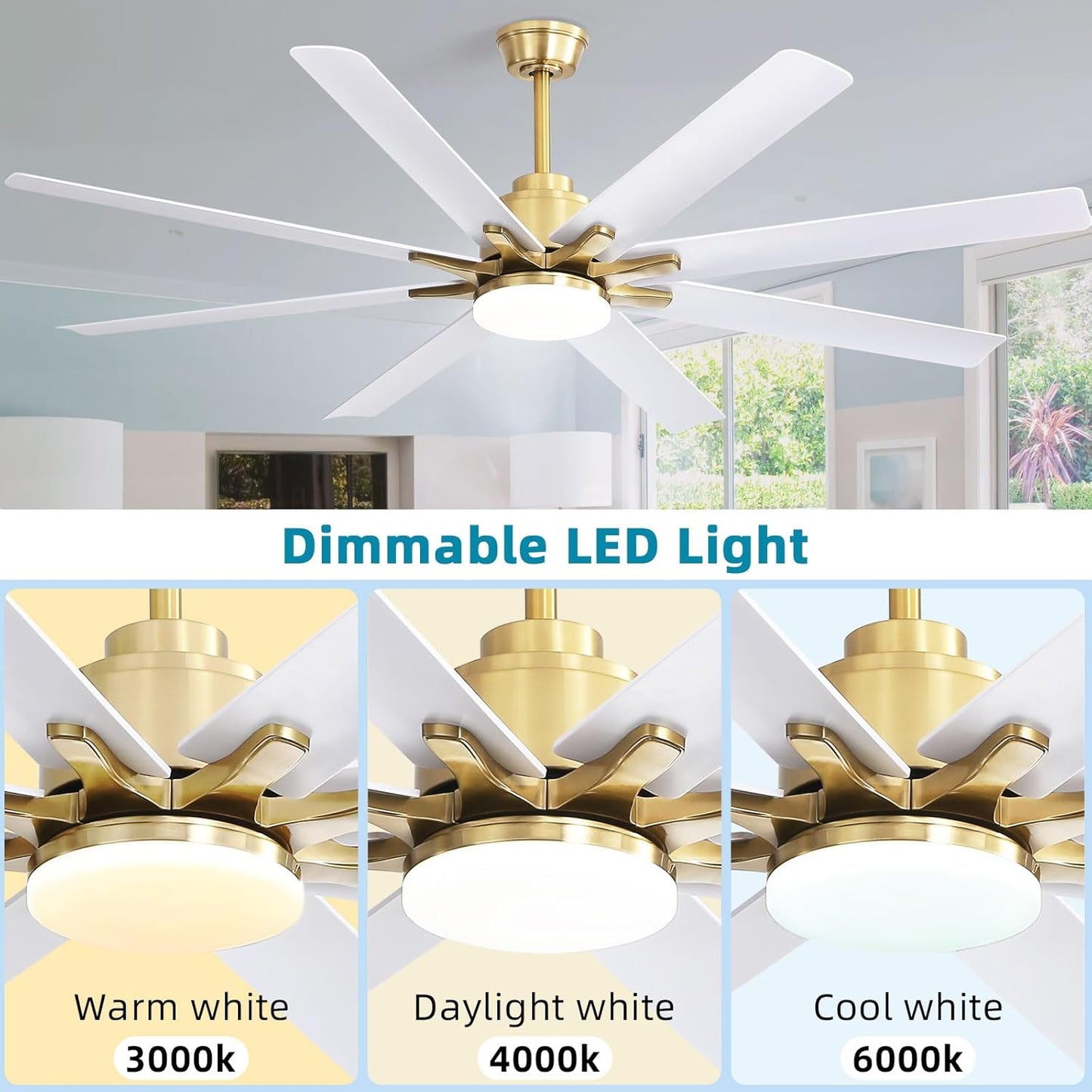 66 Inch Ceiling Fans with Lights and Remote, Indoor Outdoor Mordern Smart Ceiling Fan with Reversible Quiet DC Motor, 6 Speed, 8 Blades for Bedroom Living Room Patios Balcony (White+Gold)