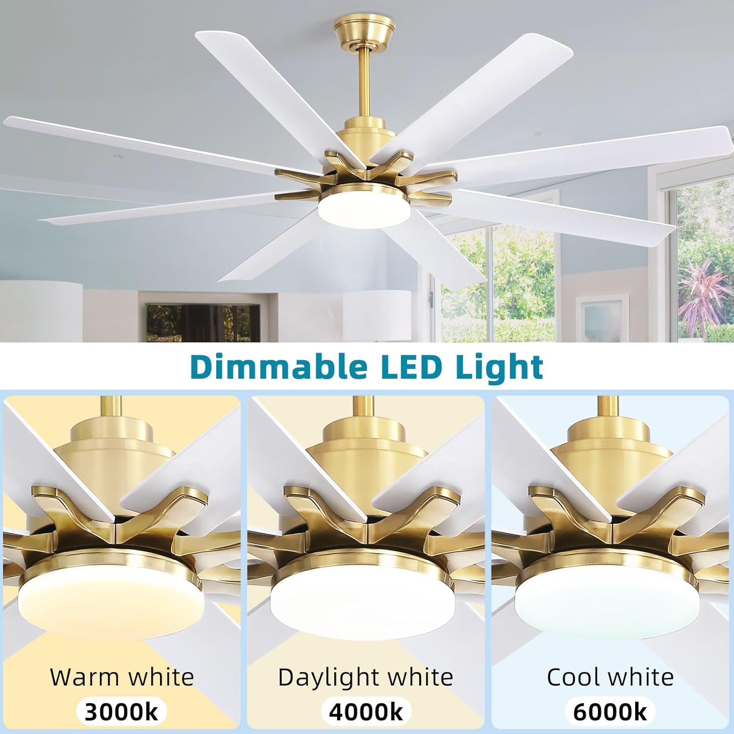 66 Inch Ceiling Fans with Lights and Remote, Indoor Outdoor Mordern Smart Ceiling Fan with Reversible Quiet DC Motor, 6 Speed, 8 Blades for Bedroom Living Room Patios Balcony (White+Gold)