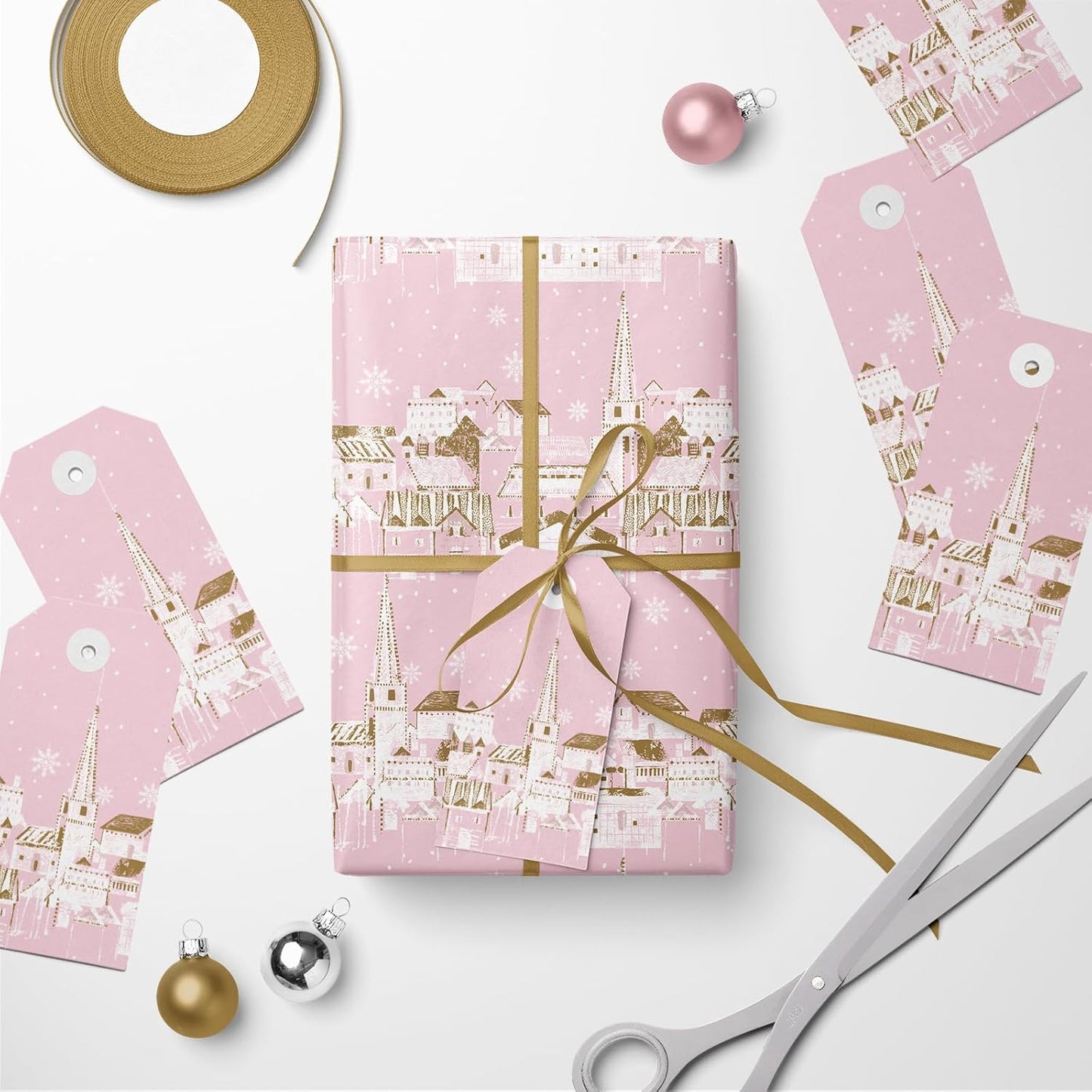 Christmas Wrapping Paper Roll - Pink & Golden City Snow Scenery for Christmas Holiday, Party - 17 Inches X 32.8 Feet (46.45 Sq.Ft.)