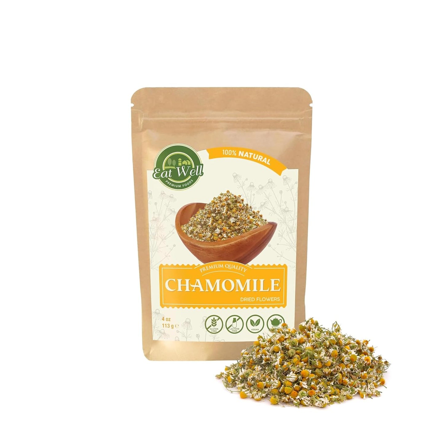 Chamomile Flowers 4 Oz, Dried Chamomile Tea Loose Leaf, Edible Culinary Camomile Herb for Drinking and Cooking, Versatile Camomile Dried Herbs and Flowers in Resealable Bag TLBH