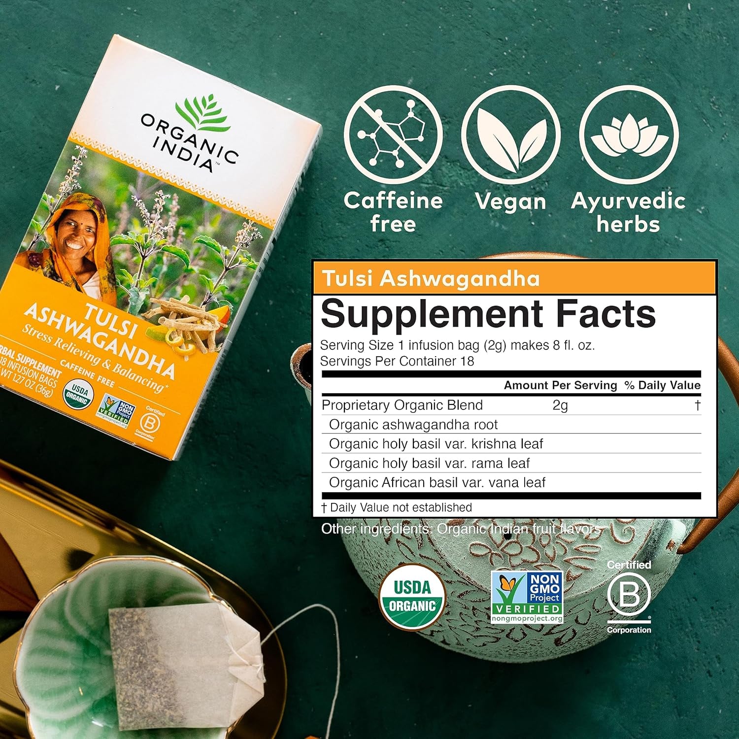 Calming Tulsi Ashwagandha Herbal Tea - Holy Basil Tea with Ashwagandha Root, Supports Restful Sleep - Adaptogen, Vegan, USDA Certified Organic, Non-Gmo - 18 Infusion Bags, 3 Pack TLBH