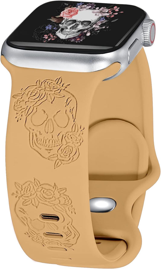 Compatible with Apple Watch Bands 38Mm 42Mm,Floral Skelton Skulls with Moth, Boho Engraved Soft Silicone Sport Celestial Watch Band,Silicone Watch Strap.Laser Engraved and Compatible with Series SE 7 6 5 4 3 2 1 for Women Men,38/42 Mm