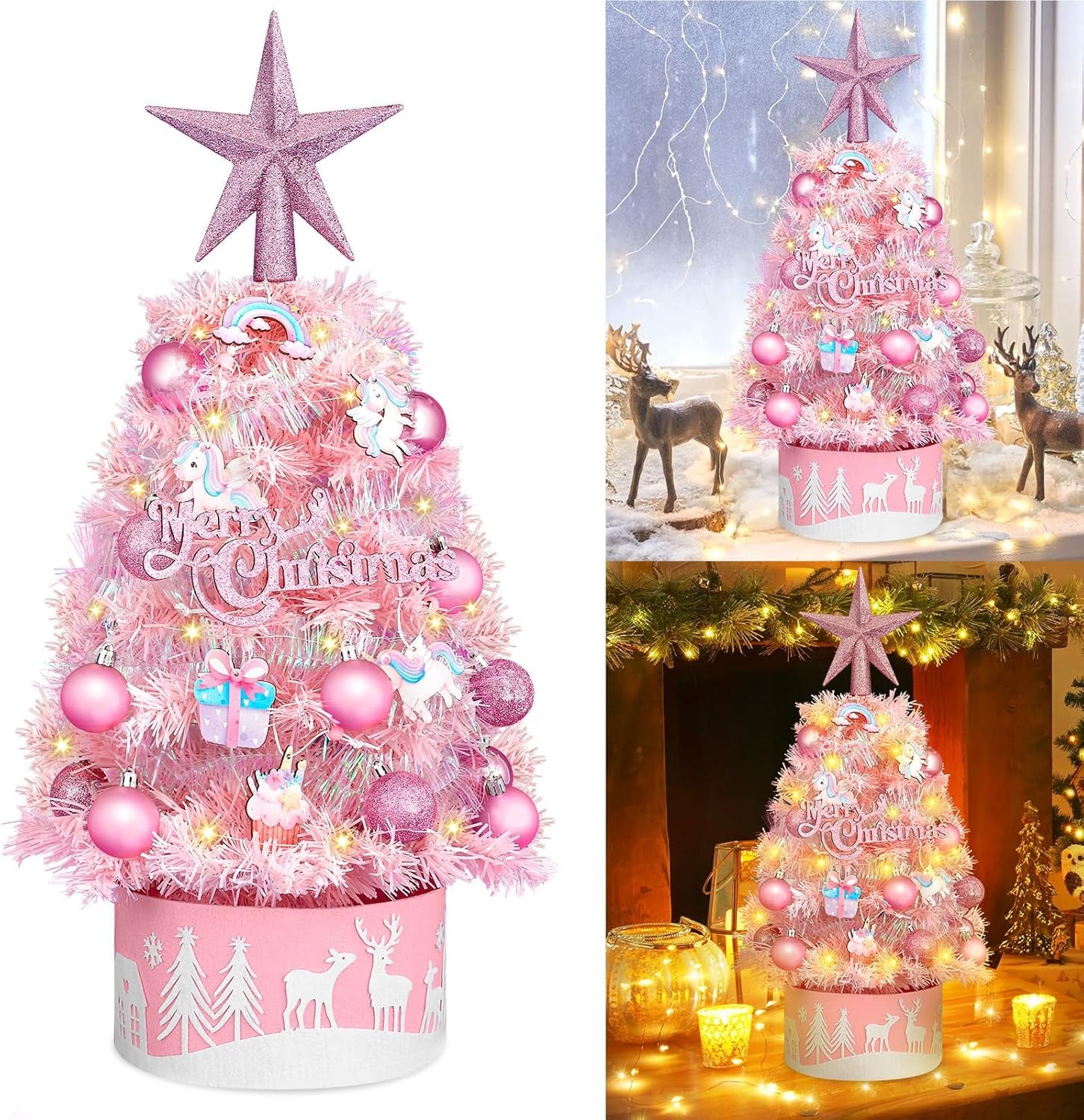 Tabletop Christmas Tree 24-Inch Mini Christmas Tree with LED String Lights, Star Treetop, Hanging Ornaments, Tabletop Small Xmas Tree for Holiday Indoor DIY Christmas Decor Pink