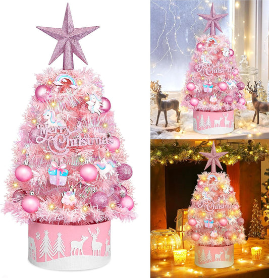 Tabletop Christmas Tree 24-Inch Mini Christmas Tree with LED String Lights, Star Treetop, Hanging Ornaments, Tabletop Small Xmas Tree for Holiday Indoor DIY Christmas Decor Pink