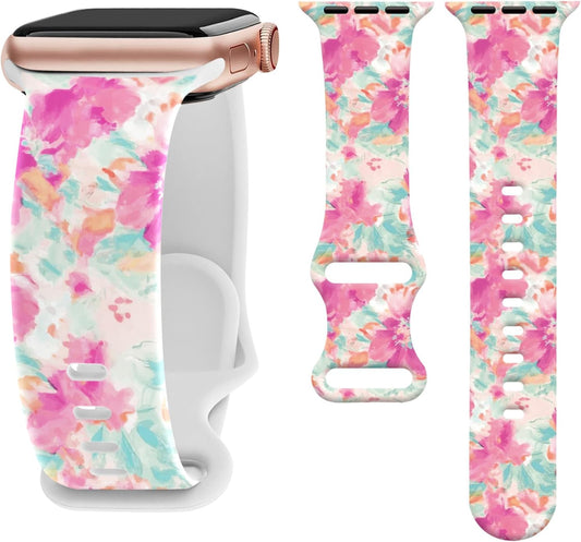 Floral Silicone Band Compatible with Apple Watch Bands for Women, 38Mm 40Mm 41Mm 42Mm 44Mm 45Mm 49Mm, for Iwatch Band Series 9 SE Ultra 8 7 6 5 4 3 2 1