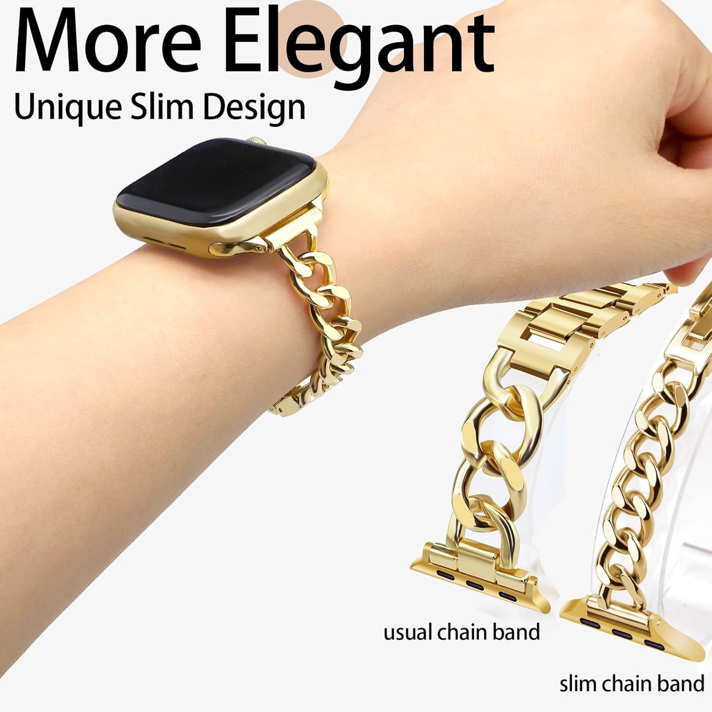 Bling Stretchy Nylon Band Gold Band Women Feminine Elegant Compatible with Apple Watch 42Mm 44Mm 45Mm 46Mm 49Mm Adjustable Metal Strap Dressy Chain Bracelet for Iwatch Series 10/9/8/7/6/5/4/