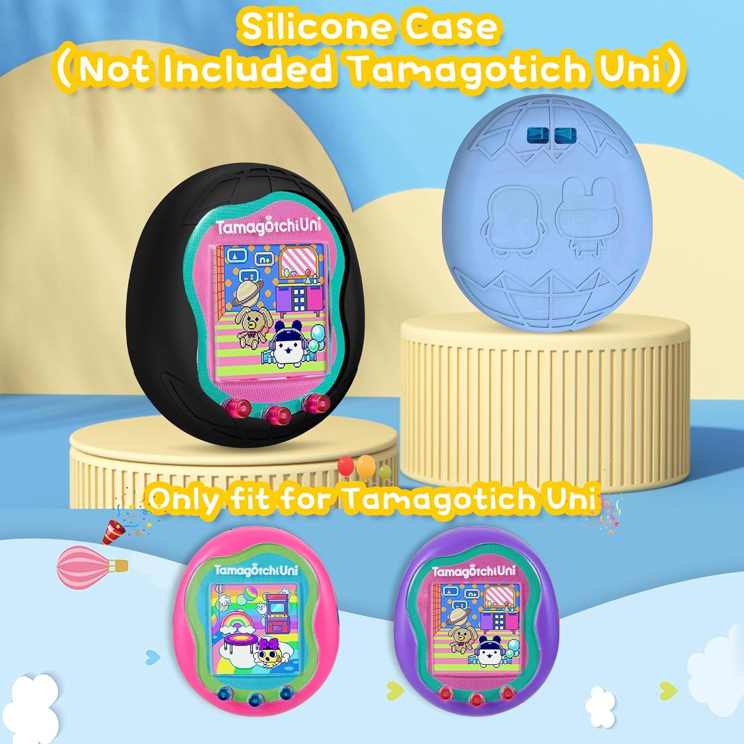 Silicone Case Compatible with Tamagotchi Uni Virtual Pet Machine, Protective Skin Sleeve Shell for Tamagotchi Uni with Finger Lanyard (Light Blue and Black) ZOUSA