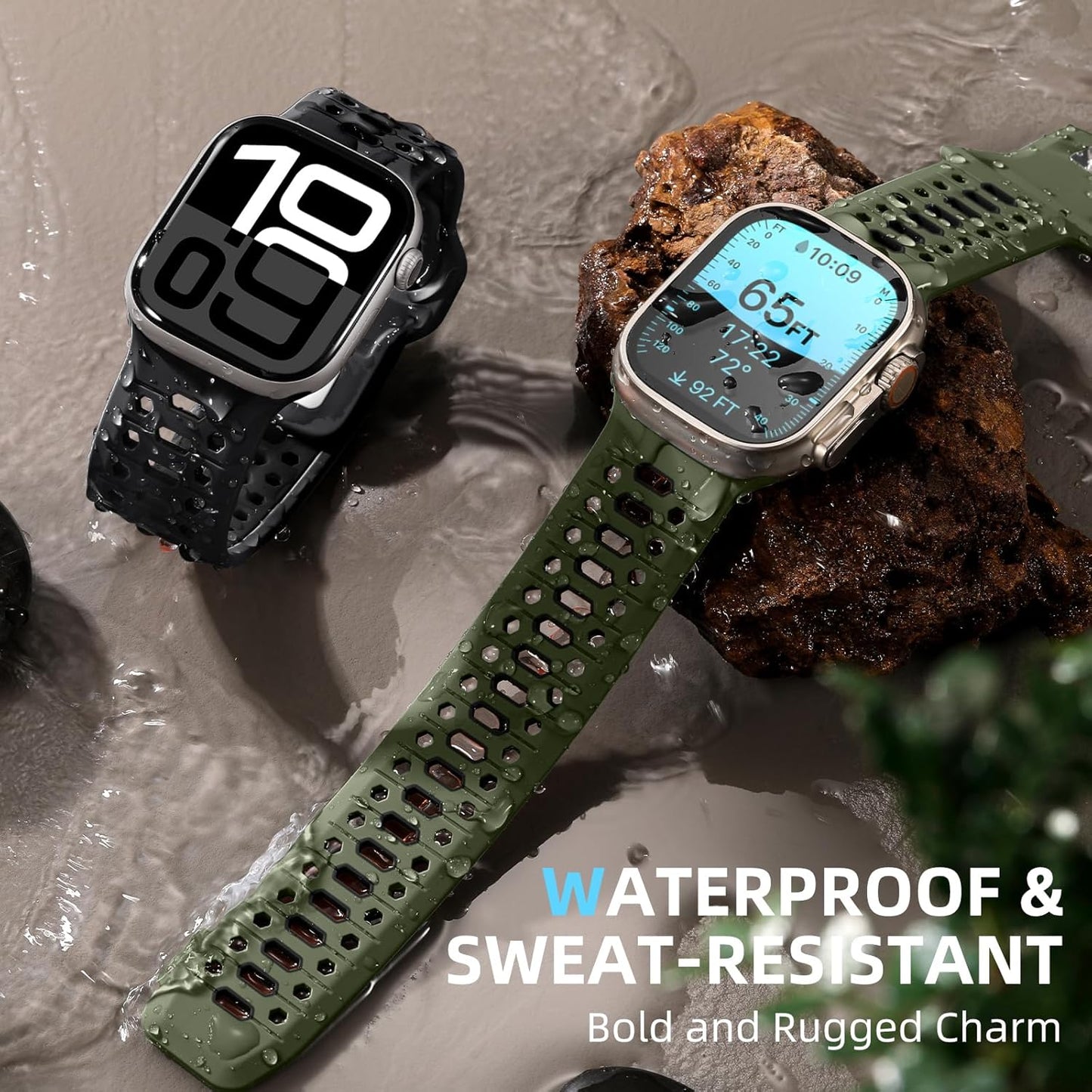 Army Green & Black 26MM Width Breathable Silicone Sport Band Compatible with 49Mm Apple Watch Ultra 2/1, 46Mm Series 10, 45Mm Series 9 8 7, 44Mm Series 6 5 4 SE 2/1, 42Mm Series 3 2 1