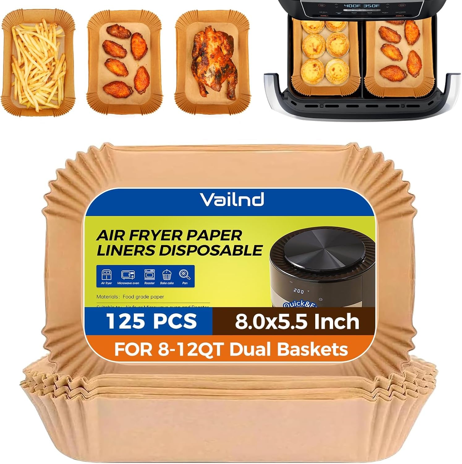 Air Fryer Paper Liners, 125Pcs Parchment Paper, Air Fryer Liner Disposable for Microwave, Non-Stick Air Fryer Liners Square Free of Bleach (8IN)
