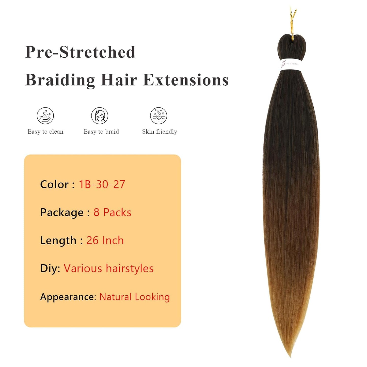 Braiding Hair Pre Stretched - 26 Inch Pre Stretched Braiding Hair 1B/30/27 Braiding Hair 8 Packs Ombre Braiding Hair for Black Women (26 Inch(8Packs), 1B/30/27)