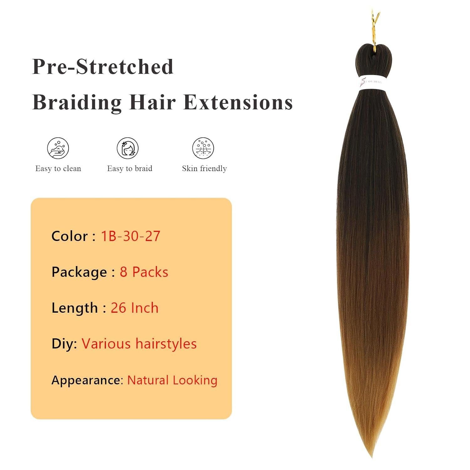 Braiding Hair Pre Stretched - 26 Inch Pre Stretched Braiding Hair 1B/30/27 Braiding Hair 8 Packs Ombre Braiding Hair for Black Women (26 Inch(8Packs), 1B/30/27)