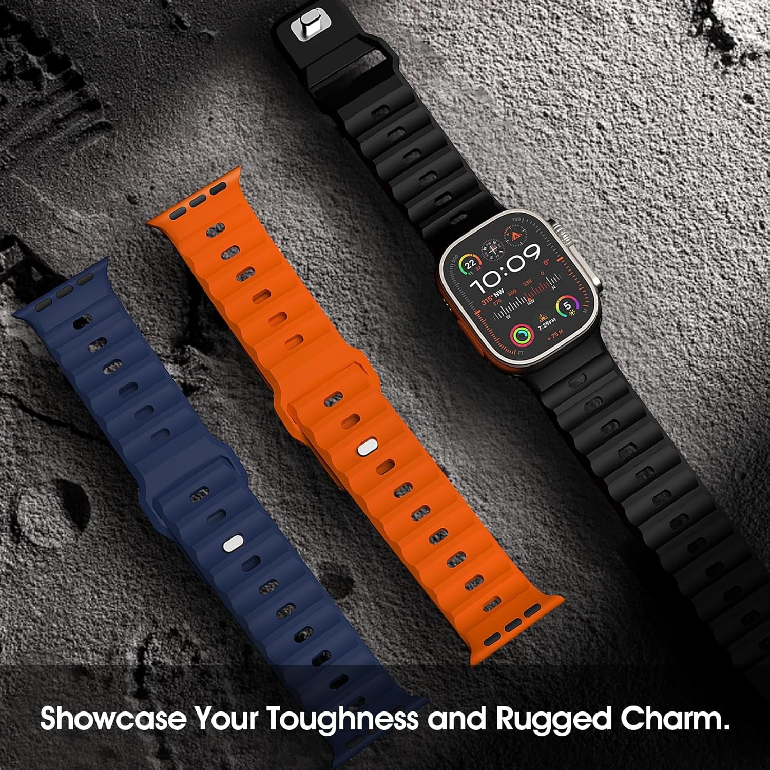 Sport Band Compatible with Apple Watch 42/44/45/46/49Mm, 3Pcs Soft Silicone Replacement Watch Strap Fit Iwatch Ultra 2 Ultra SE Series 10 9 8 7 6 5 4 3 2 1, Large, Black/Midnight Blue/Orange