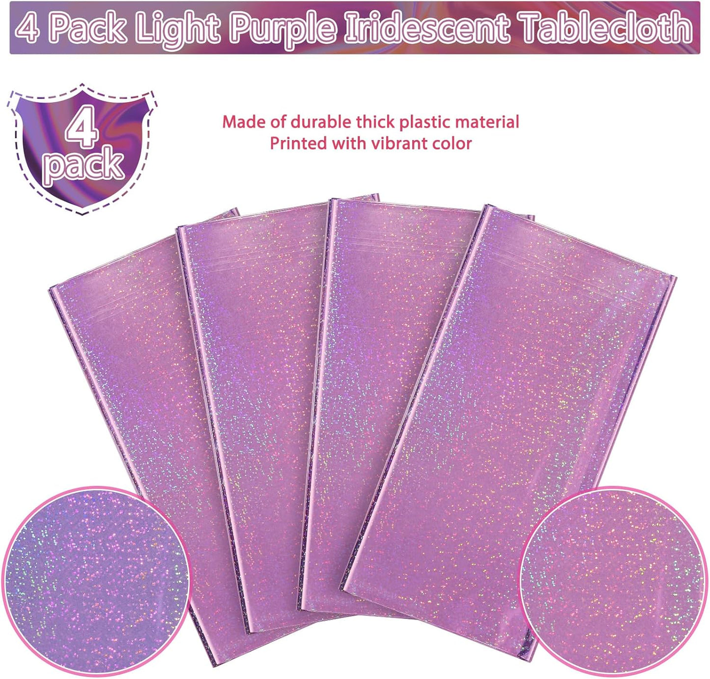 4 Pack Iridescent Light Purple Plastic Tablecloths Shiny Disposable Laser Rectangle Table Covers Holographic Foil Tablecloth Iridescent Party Decoration Birthday Bridal Wedding Christmas 54 X 108 Inch