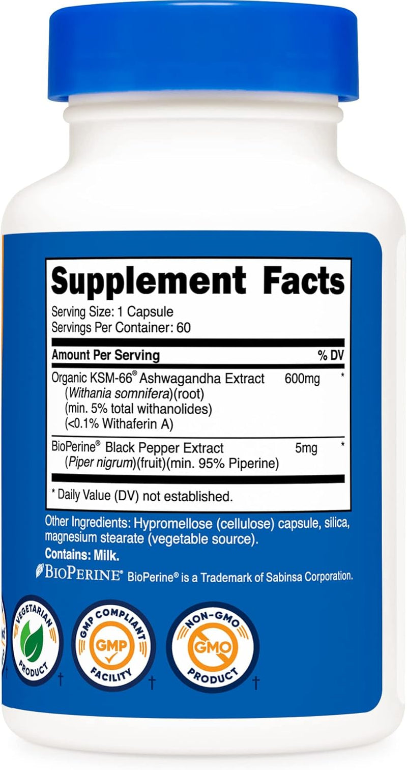 KSM-66 Ashwagandha Root Extract 600Mg, 60 Veggie Caps - 5% Withanolides - with Bioperine - Full-Spectrum Root Extract TLBH