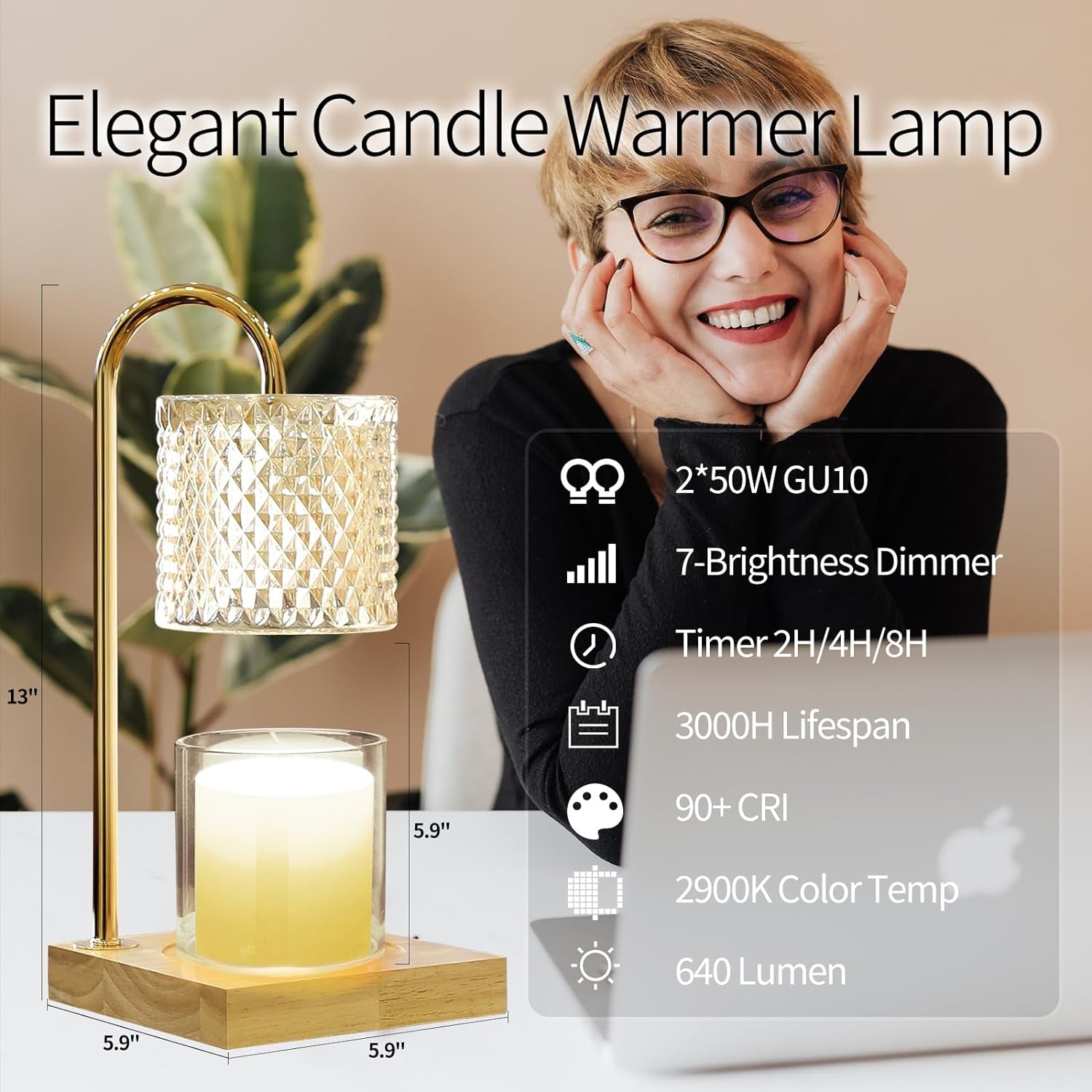 Candle Warmer Lamp, Candle Lamp Wax Warmer Heating Lamp, Timer & Dimmer 7-Levels, Fits Cup Jar Candle, Candle Top Melting, Crystal Candle Heater Lamp for Scented Wax, Elegant Home Decor, Amber Glass