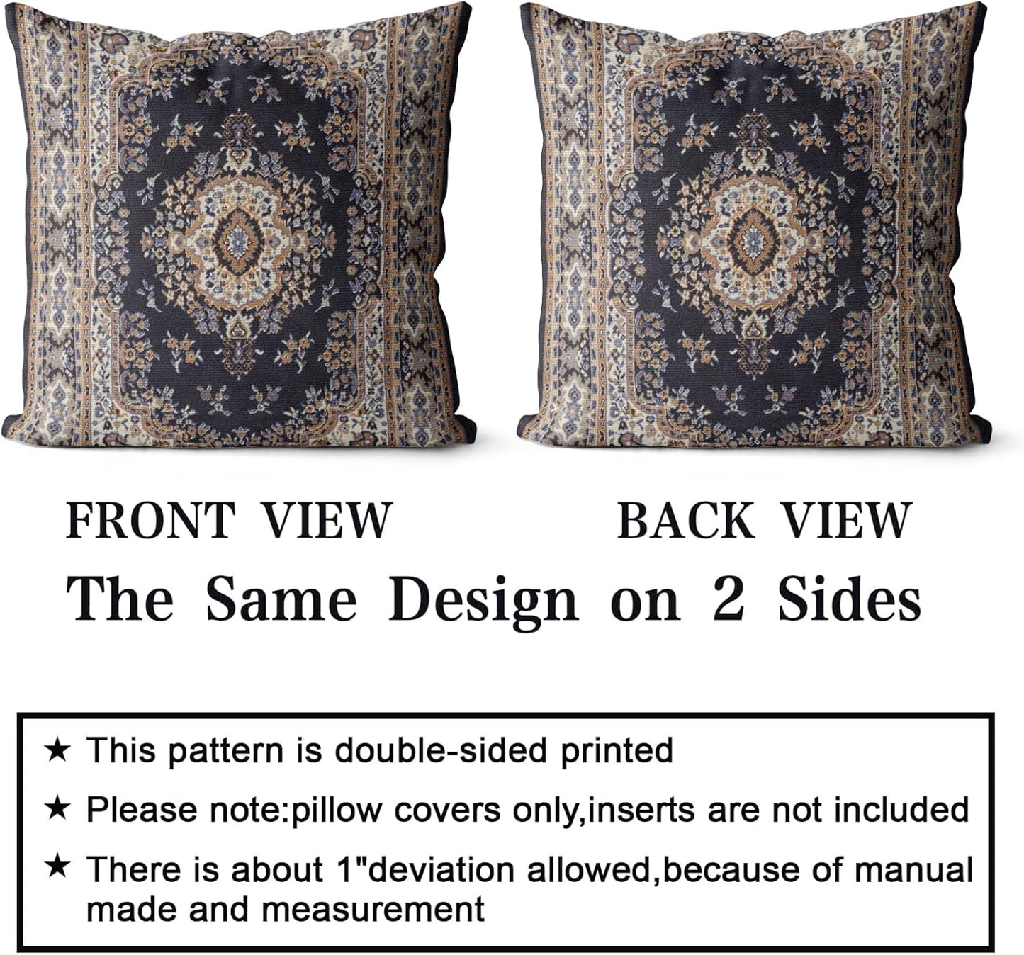 Boho Throw Pillow Covers 20X20 Inch Set of 2 Black Medallion Border Area Rug Double Sided Pattern Cotton Soft Pillow Case Cushion Cover Pillowcase for Couch Sofa Bed Decorative