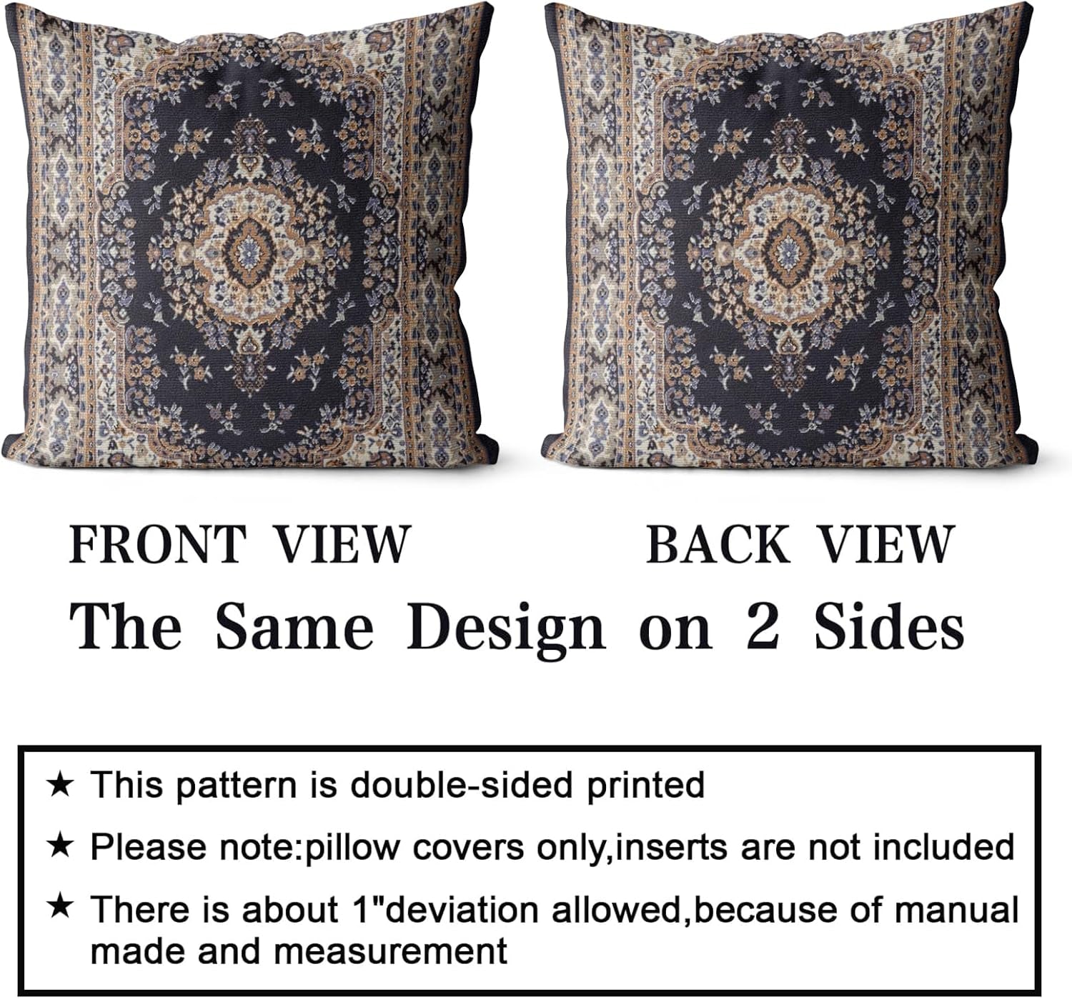Boho Throw Pillow Covers 20X20 Inch Set of 2 Black Medallion Border Area Rug Double Sided Pattern Cotton Soft Pillow Case Cushion Cover Pillowcase for Couch Sofa Bed Decorative