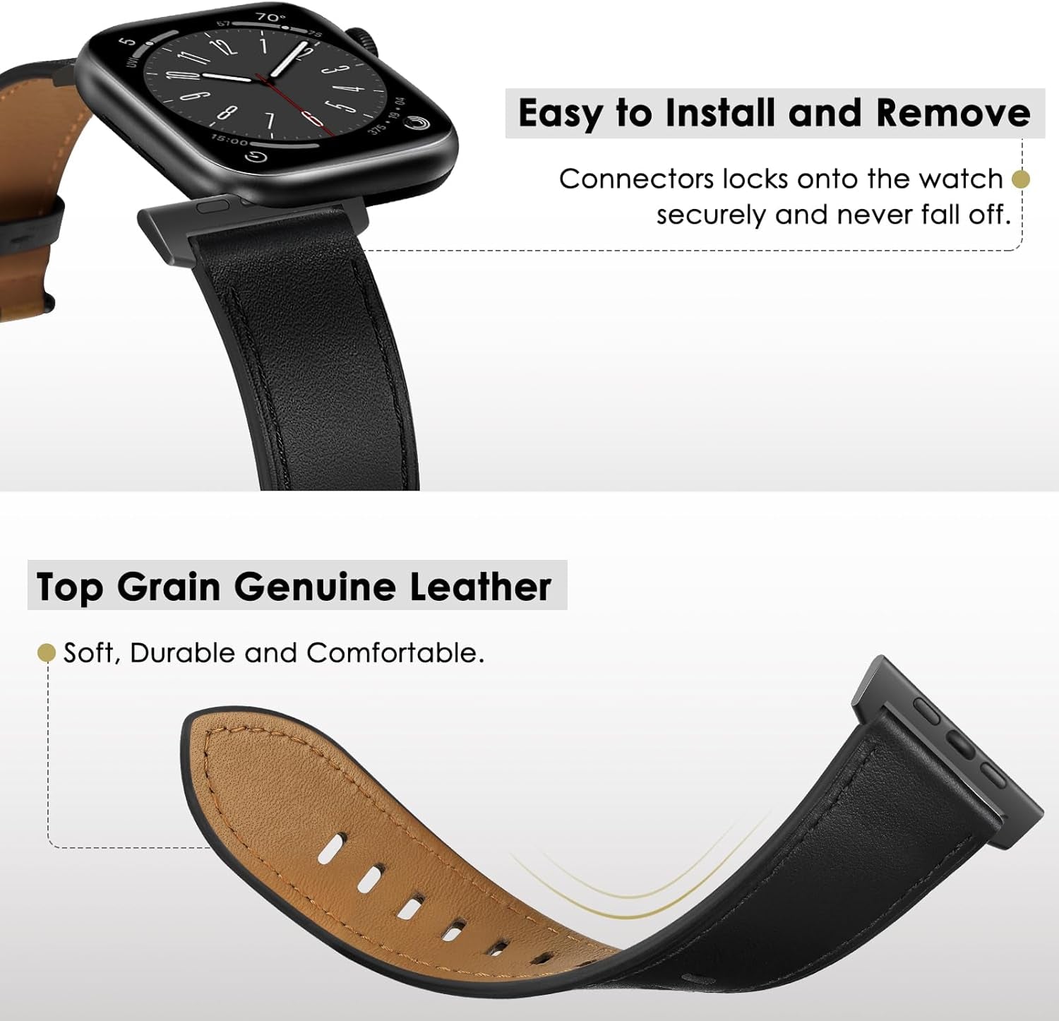 Compatible with Apple Watch Band 41Mm 40Mm 38Mm Men Women, Top Grain Genuine Leather Band Strap for Iwatch Series 9 8 7 6 5 4 3 2 1 SE, Black/Black