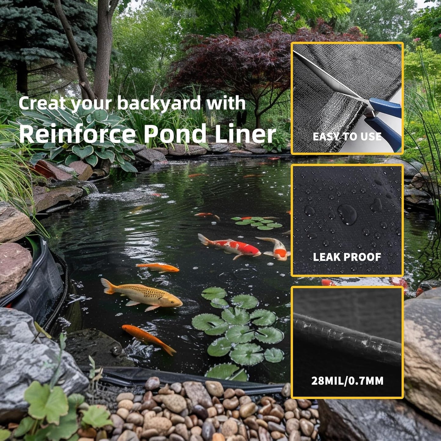 Pond Liner,15X20Ft Pond Liners for Outdoor,28Mil PE Black Koi Fish Pond Liners,Reinforced Pond Underlayment for Water Garden,Waterfall,Fountain