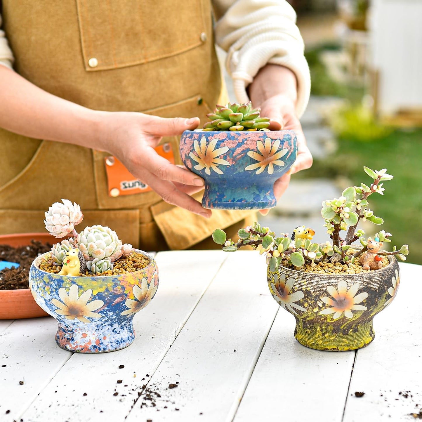 Small Succulent Planters Set of 3, Beautiful Hand Crafted Ceramic Plant Pots Cute Cactus Pot, 4.9 Inch Flower Pots for Indoor Plants with Drainage, Desktop Windowsill Home Office Decor Pots