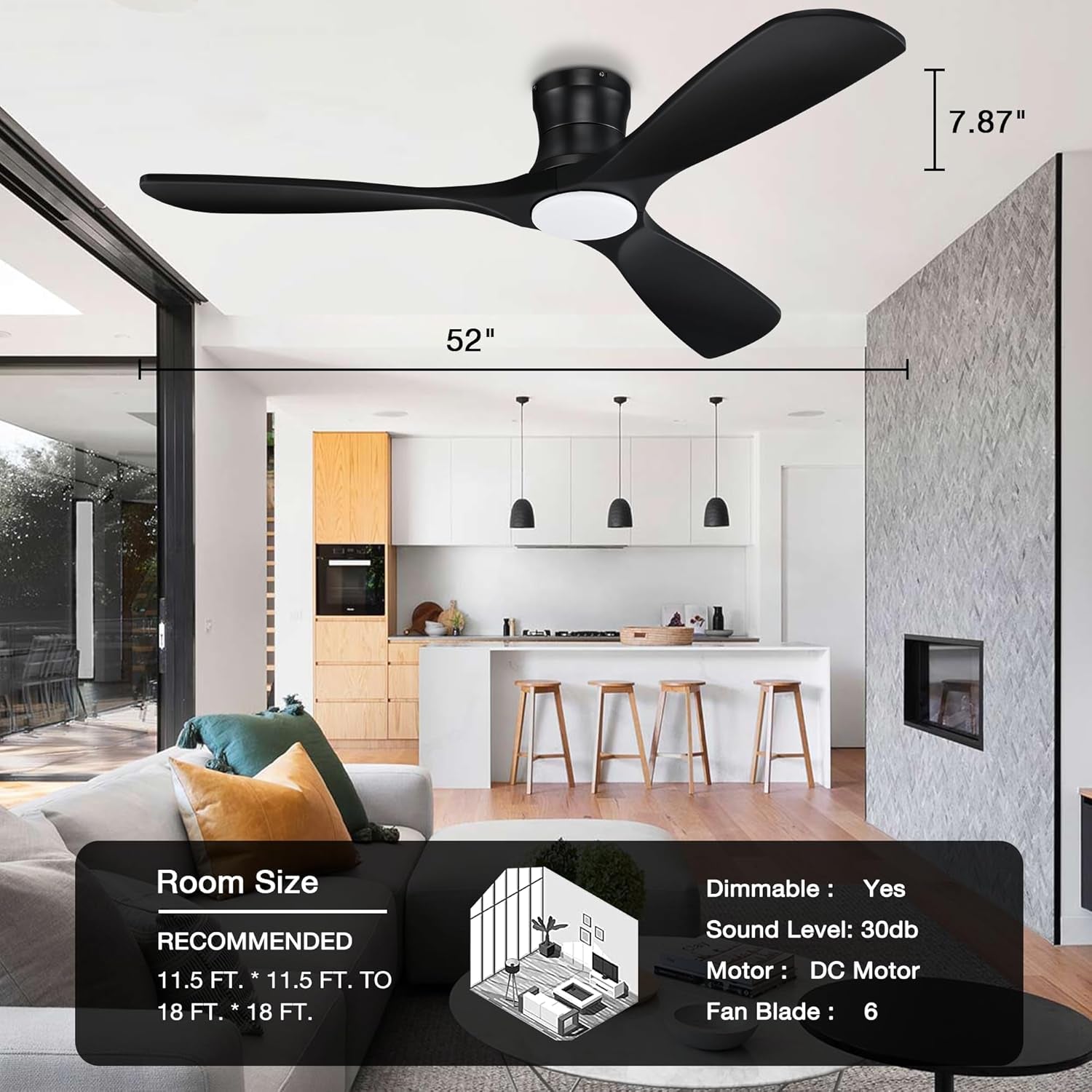 52” Smart Wood Low Profile Ceiling Fan with Lights Remote,Quiet DC Motor,Outdoor Indoor Flush Mount Ceiling Fans Controlled by WIFI Alexa App,Modern Black for Bedroom Living Room Patio Porch