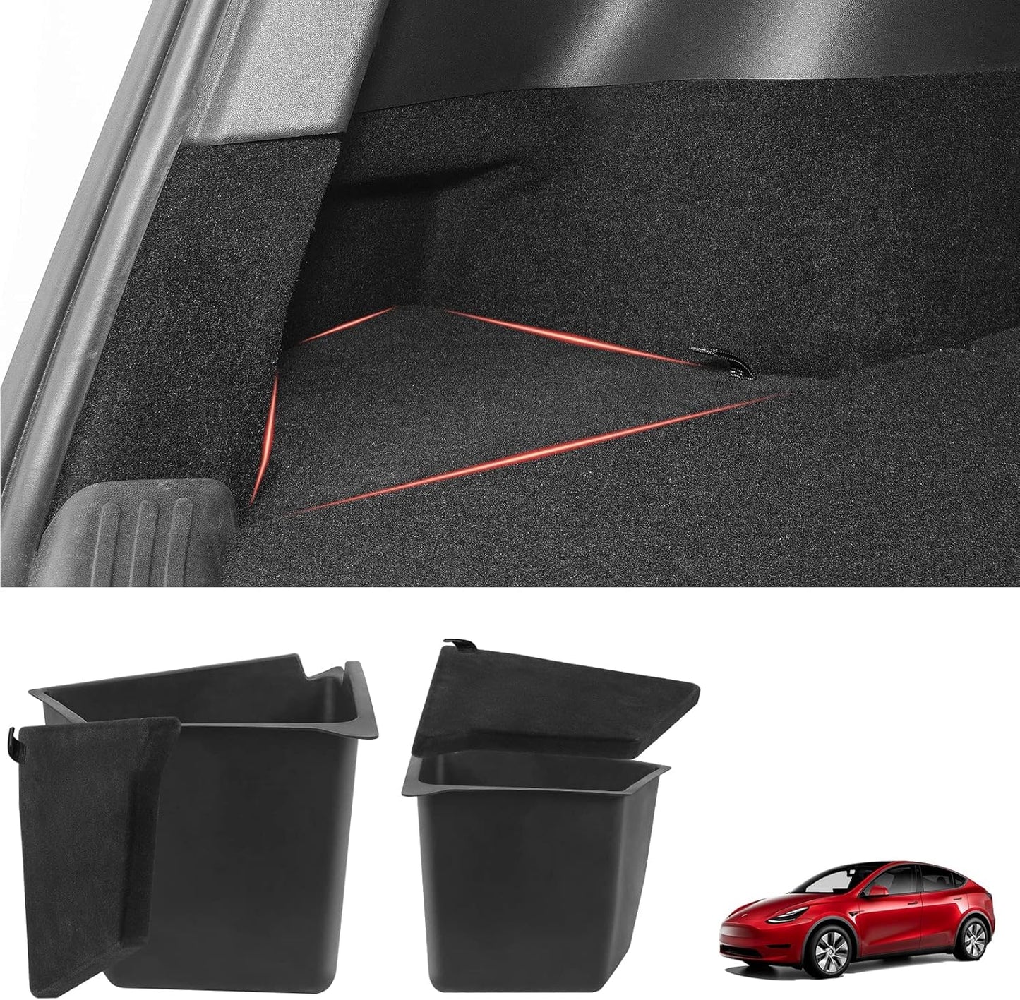 2022-2024 Tesla Model Y Trunk Organizer Waterproof Rear Trunk Storage Bins Side Box with Carpeted Lip Interior Accessories Set of 2 for Model Y 5-Seater (Newest Version)