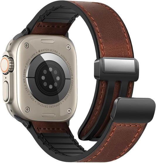 Magnetic Leather Watch Band Compatible with Apple Watch Band 49Mm 45Mm 44Mm 42Mm, Genuine Leather with Magnetic Buckle Replacement Strap Compatible with Apple Watch Ultra Series