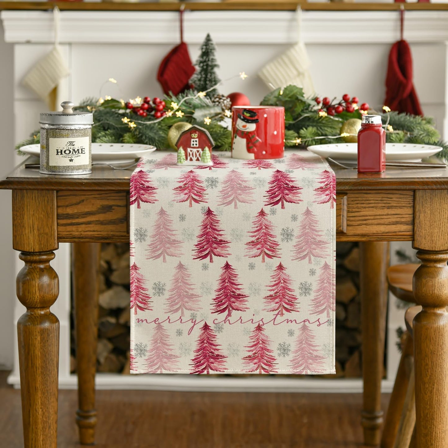 Xmas Trees Snowflake Christmas Table Runner, Seasonal Winter Pink Kitchen Dining Table Decoration for Home Party Decor 13X72 Inch