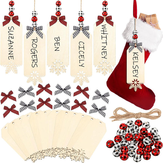 12 Set Christmas Stocking Name Tags Xmas DIY Wooden Name Signs Includes Tags Wood Beads and Bow Christmas Ornaments for Christmas Stockings Home Farmhouse Decor (Snowflake)