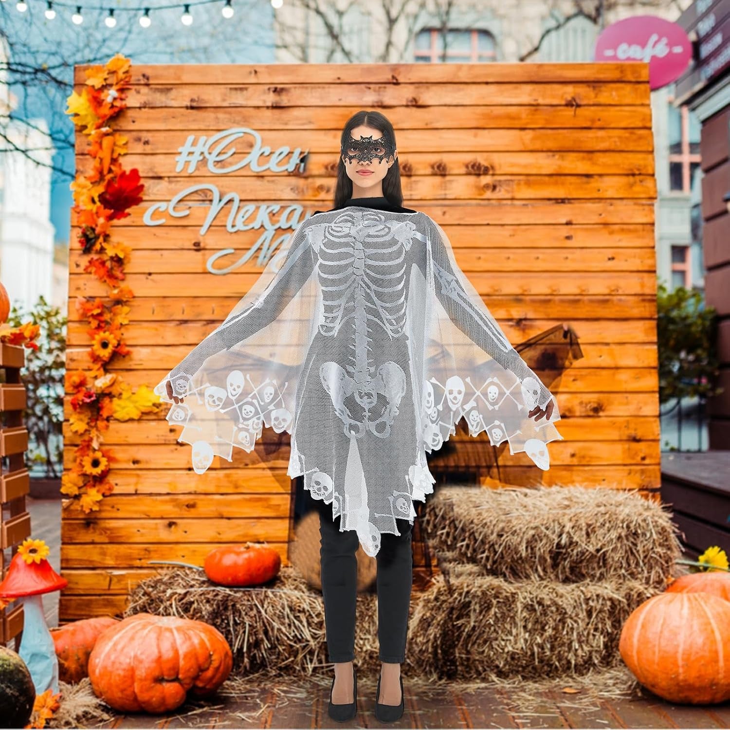 Halloween Costumes for Women, Women'S Halloween Lace Skeleton Poncho Costume,Include Lace Mask,One Size Fits All