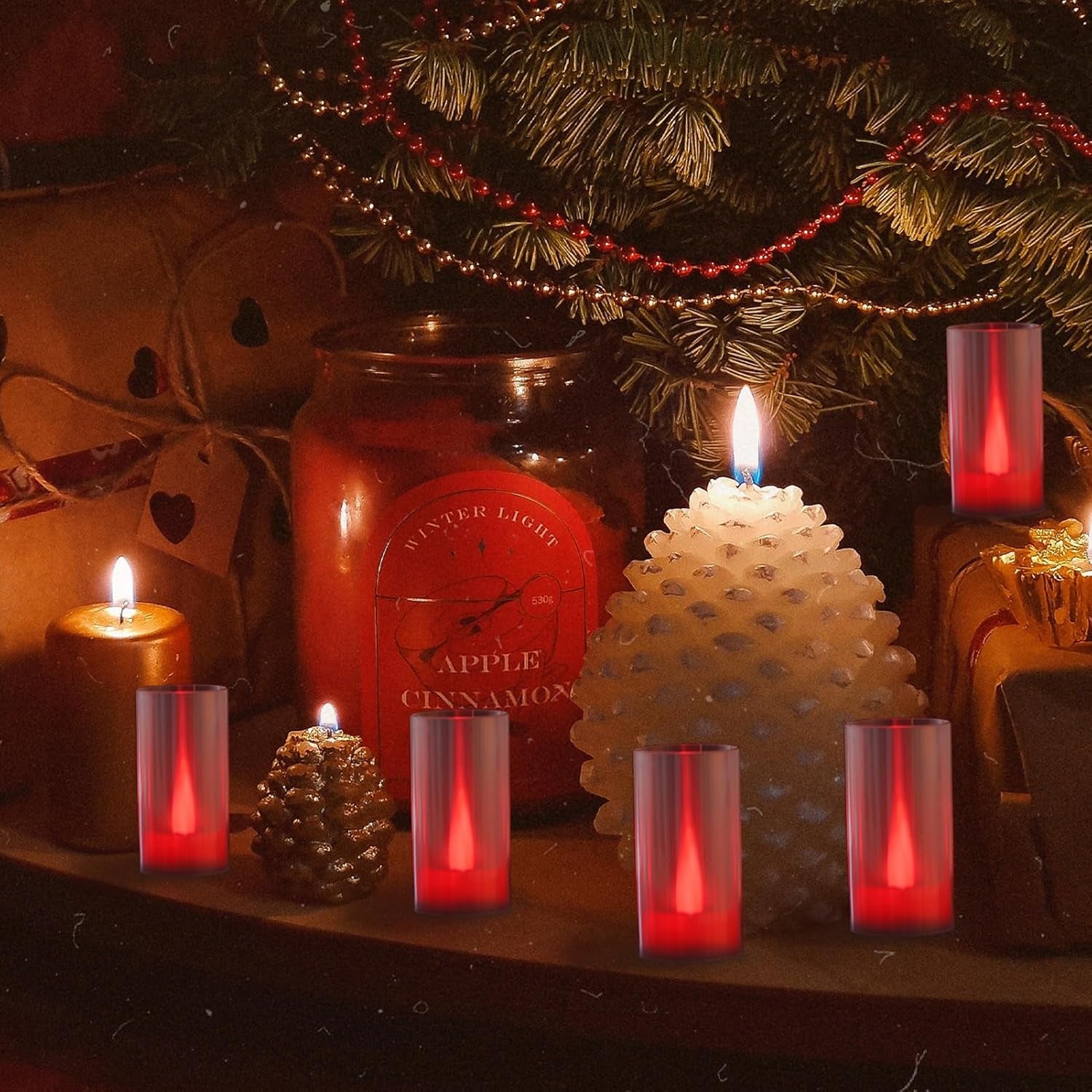 Flameless Candles, Battery Operated LED Pillar Candles, D1.5 X H3 Inch, Flickering Red Long Flame-Effect Light, Romantic Electronic Fake Votive Candles for Halloween, Set of 12 (Red)