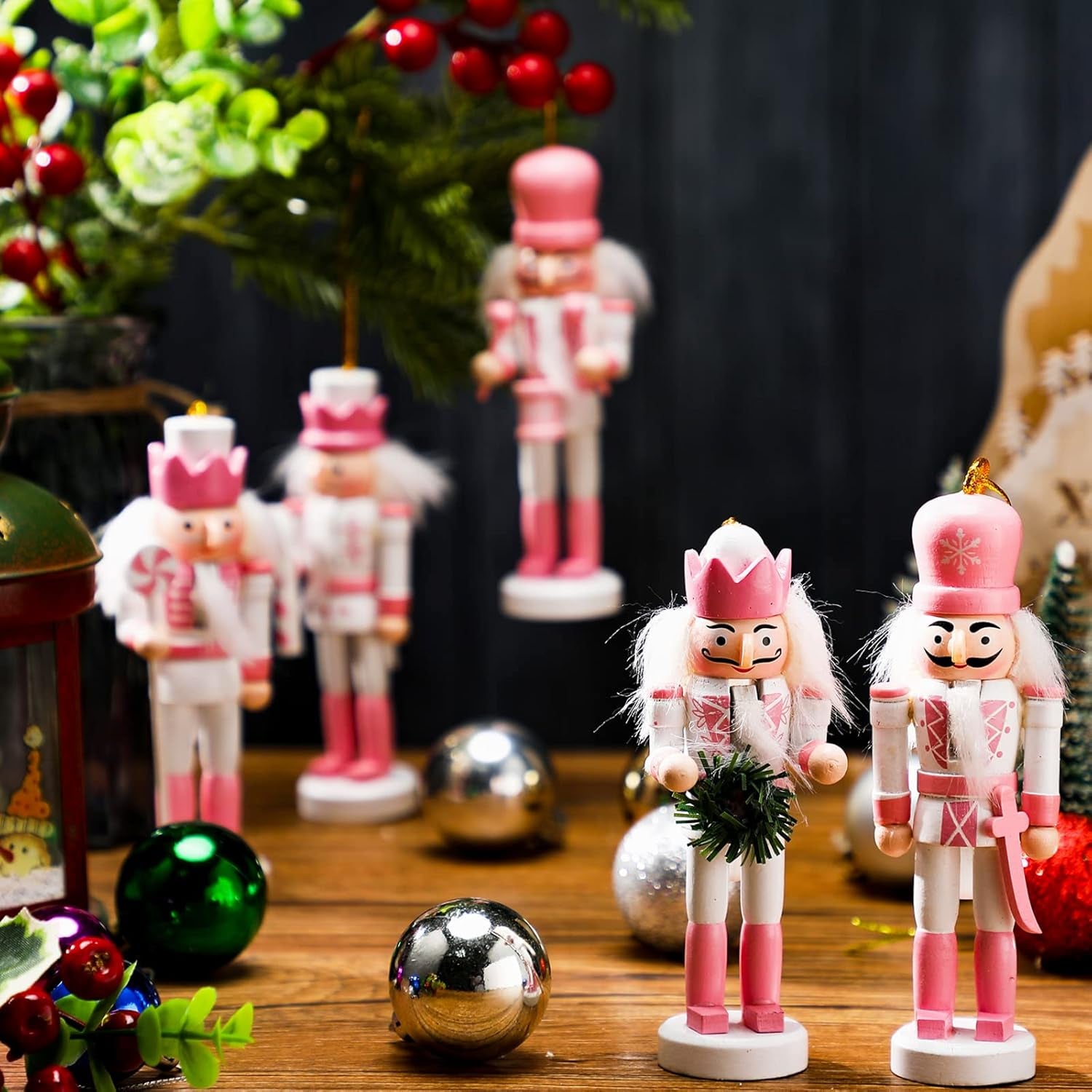 5 Pcs Christmas Nutcracker Ornaments Pink Wooden Nutcracker Hanging Decorations 5 Inch Soldier Nutcracker Figures Christmas Table Decoration Gift for Christmas Tree Holiday Party