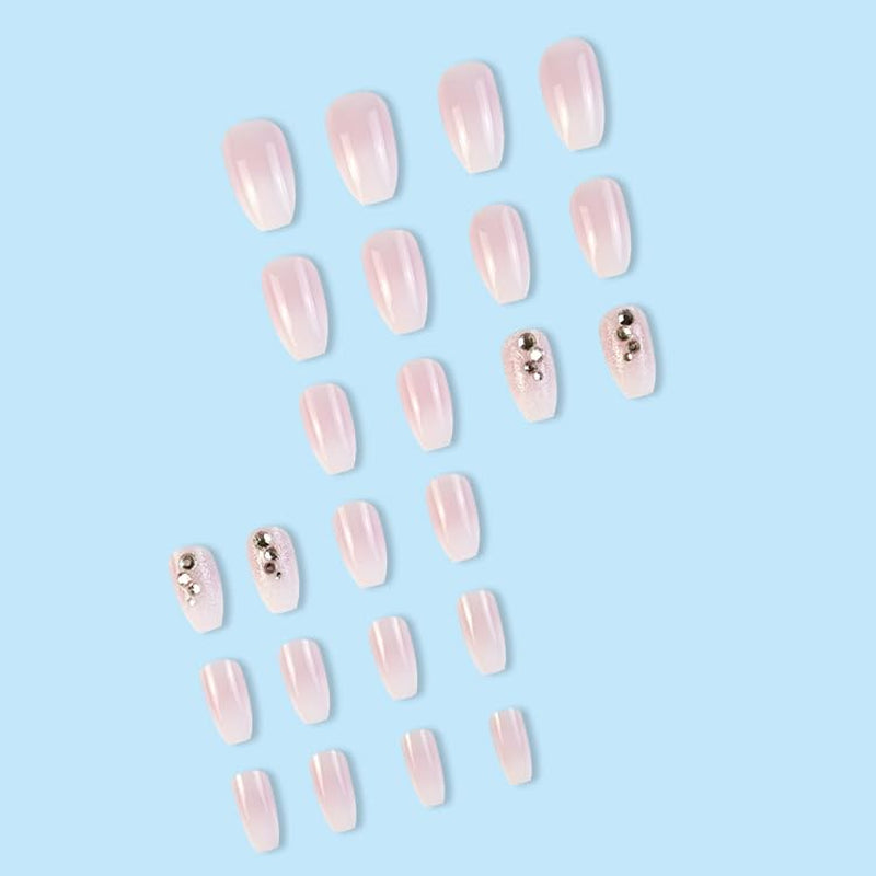 Press on Nails Medium Coffin Nude Natural Rhinestone Gradient Pink Glitter Fake Nails Acrylic False Nail Tips Kit Glue on Nails for Women