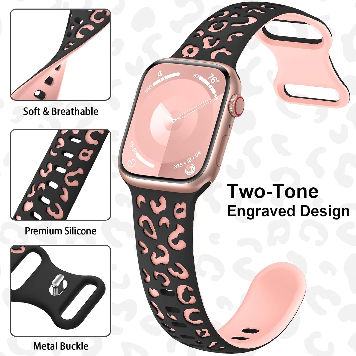 Leopard Engraved Band for Apple Watch Band 40Mm 41Mm 38Mm 45Mm 42Mm 44Mm for Women,Cute Cheetah Strap Silicone Sport Wristbands for Iwatch Series 9 SE 8 7 6 5 4 3 2 Ultra