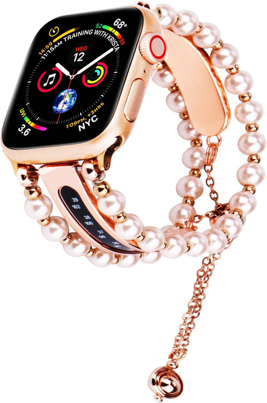 Beads Pearl Apple Watch Band Compatible for Iwatch Ultra Series SE 8 7 6 5 4 3 Jewelry Bracelet Watch Band with Thermometer Pendant Charm (38Mm/40Mm/41Mm, Rose Gold)