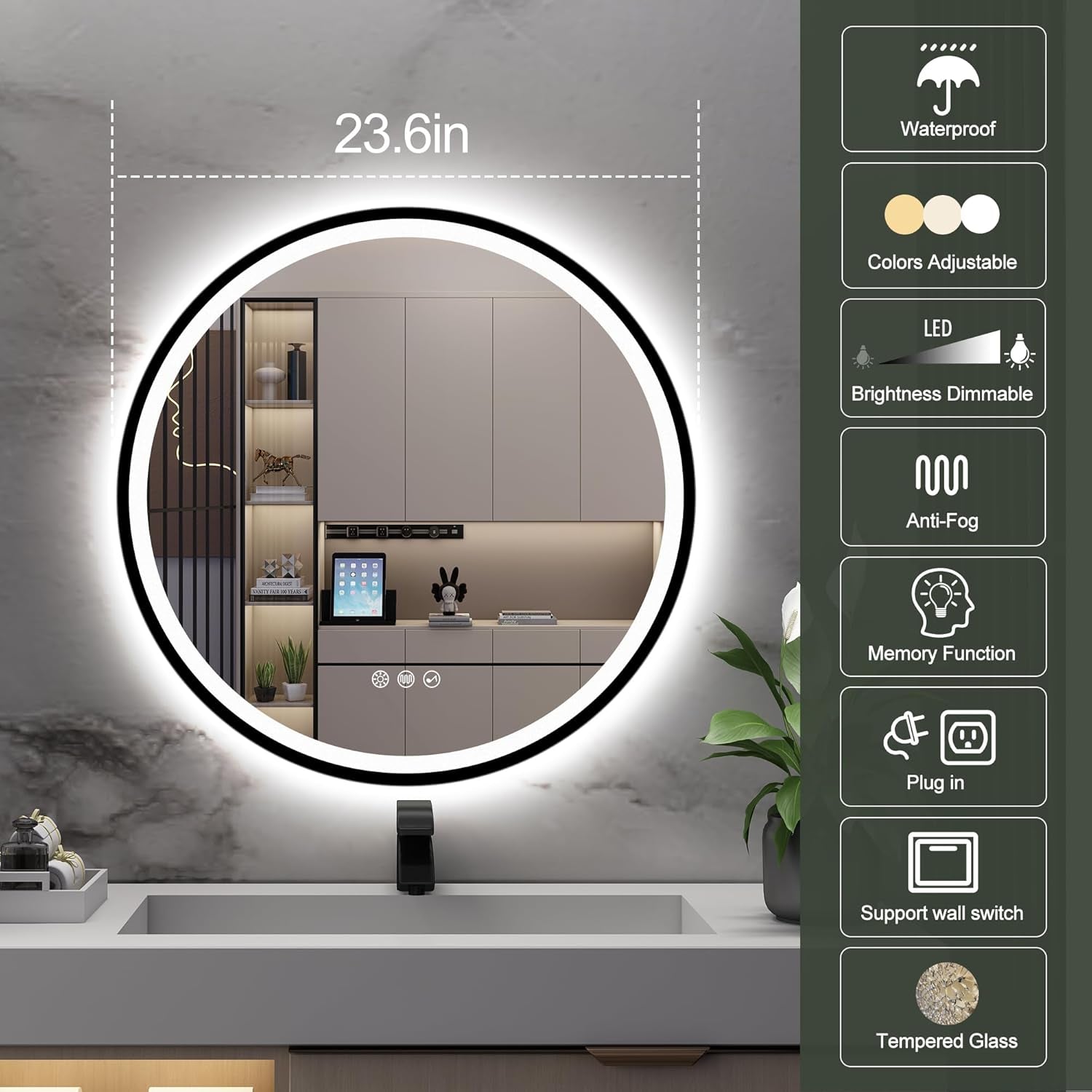 24’’ round Led Bathroom Mirror with Lights, Backlit and Front Lighted, Anti-Fog Wall-Mounted Vanity Mirror 3000K/4000K/6500K, Dimmable, inside Bluetooth Speaker, Smart Mirror