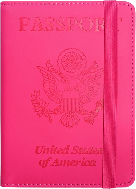 Passport Holder, RFID Blocking Passport Cover Wallet Case with Elastic Strap, Faux Leather Passport Card Holder, Cute Travel Essentials for Women Men Family, Hot Pink TLBH