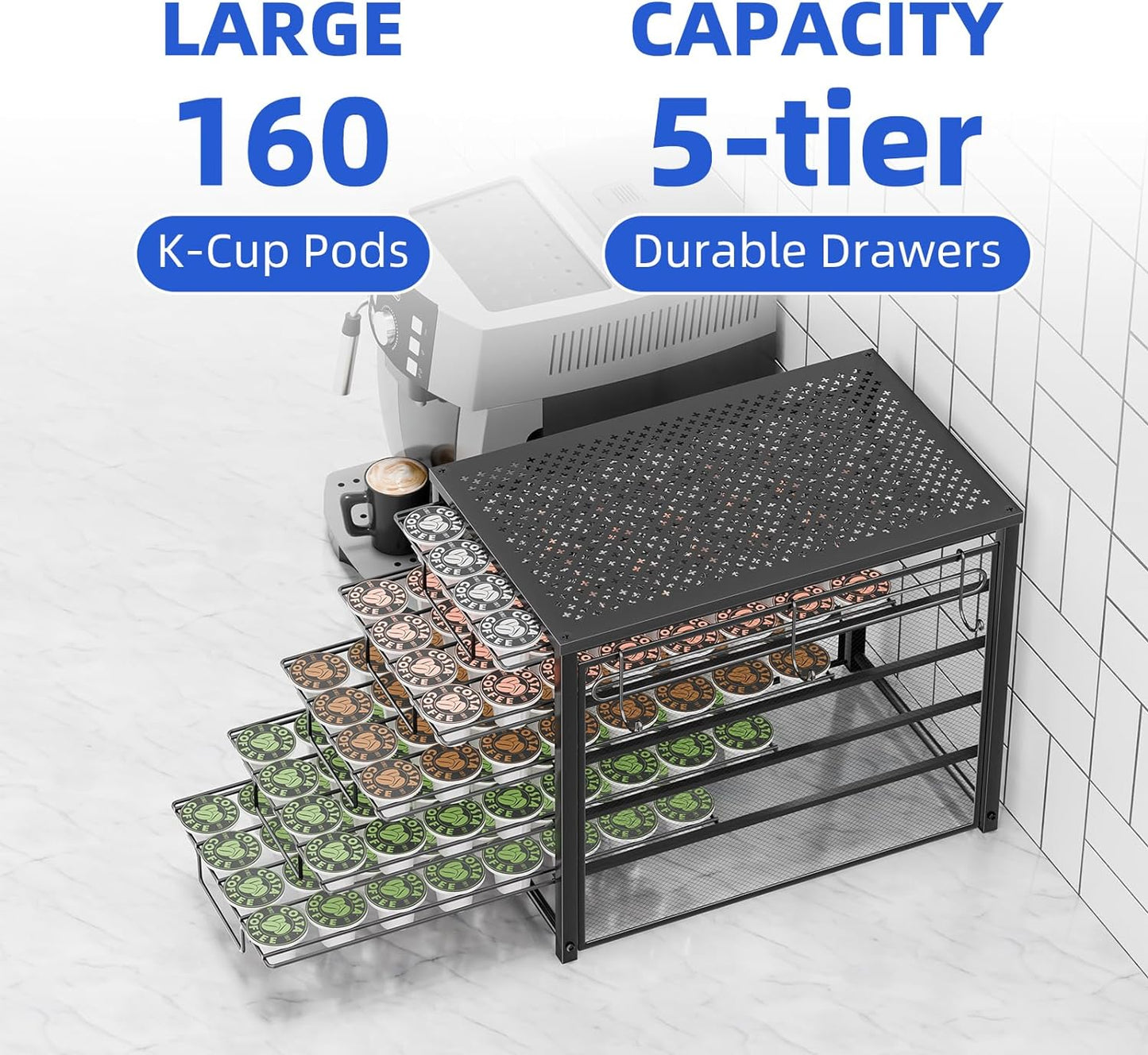 5 Tier Coffee Pod Holder for K Cup, 160 Pod Pack Capacity Rack, Metal, Black