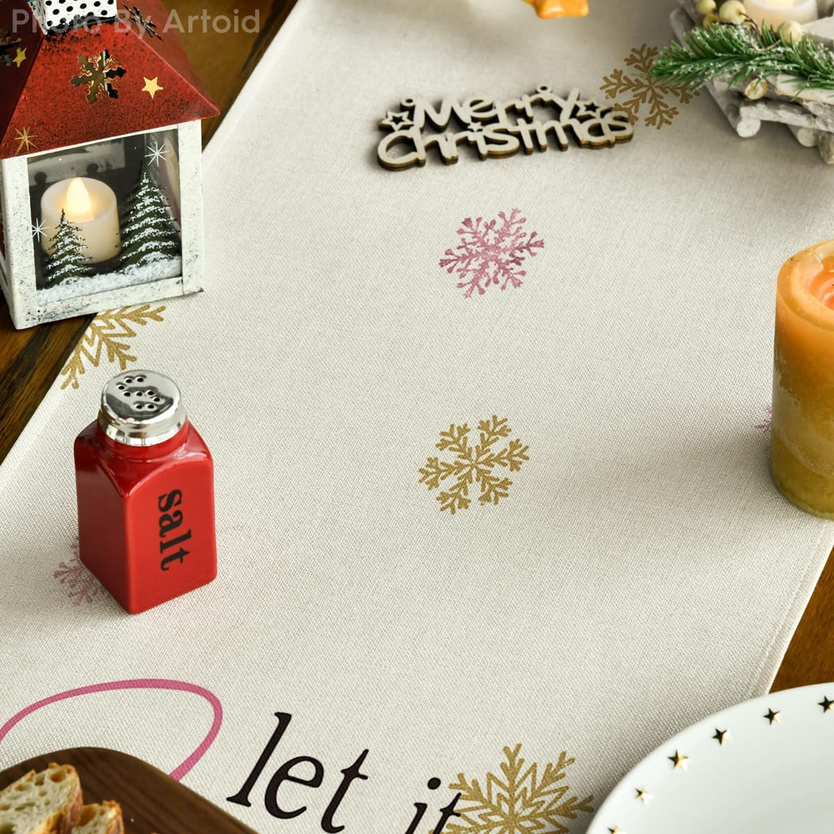 Pink Xmastree Let It Snow Snowflake Christmas Table Runner, Seasonal Winter Kitchen Dining Table Decoration for Home Party Outdoor 13X120 Inch