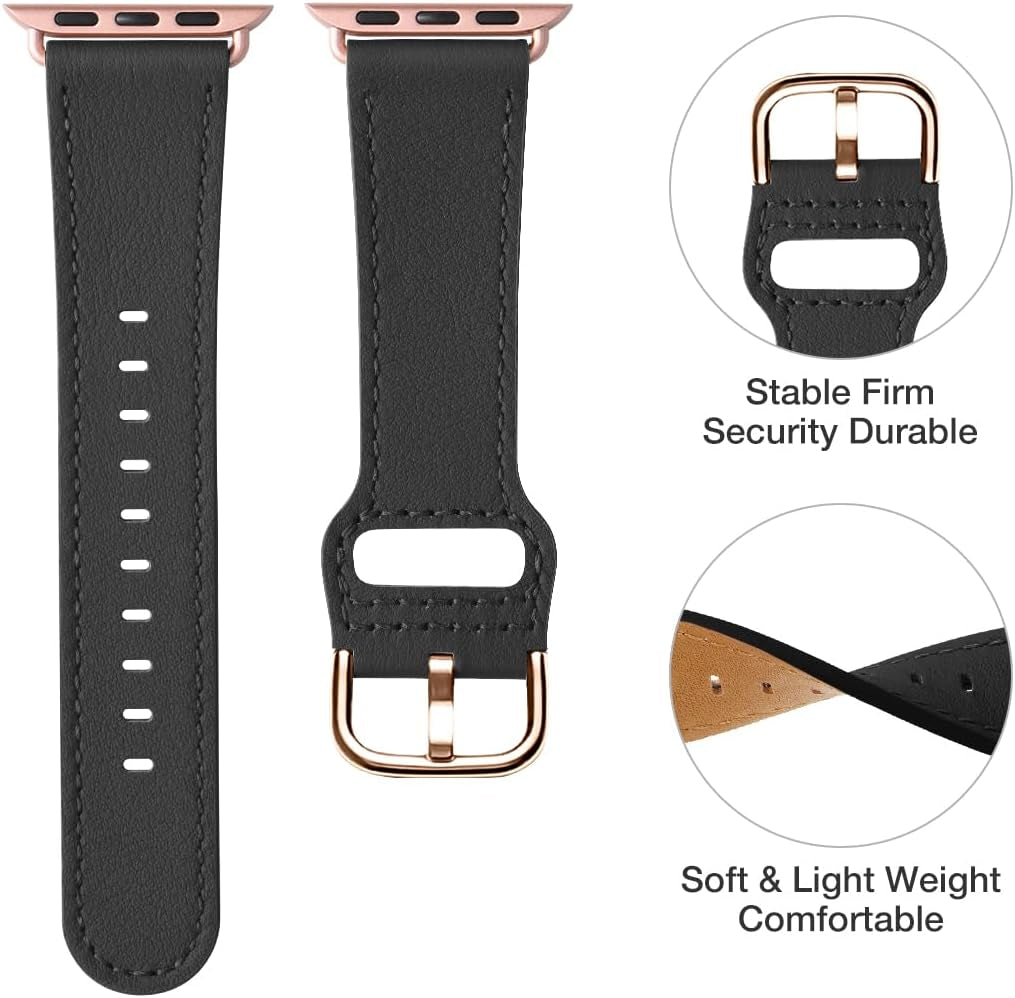 Bands Compatible with Apple Watch Band 38Mm 40Mm 41Mm 42Mm 44Mm 45Mm 49Mm, Genuine Leather Strap Compatible for Women Men Iwatch SE Ultra Series 9 8 7 6 5 4 3 2 1 (Black/Rosegold)