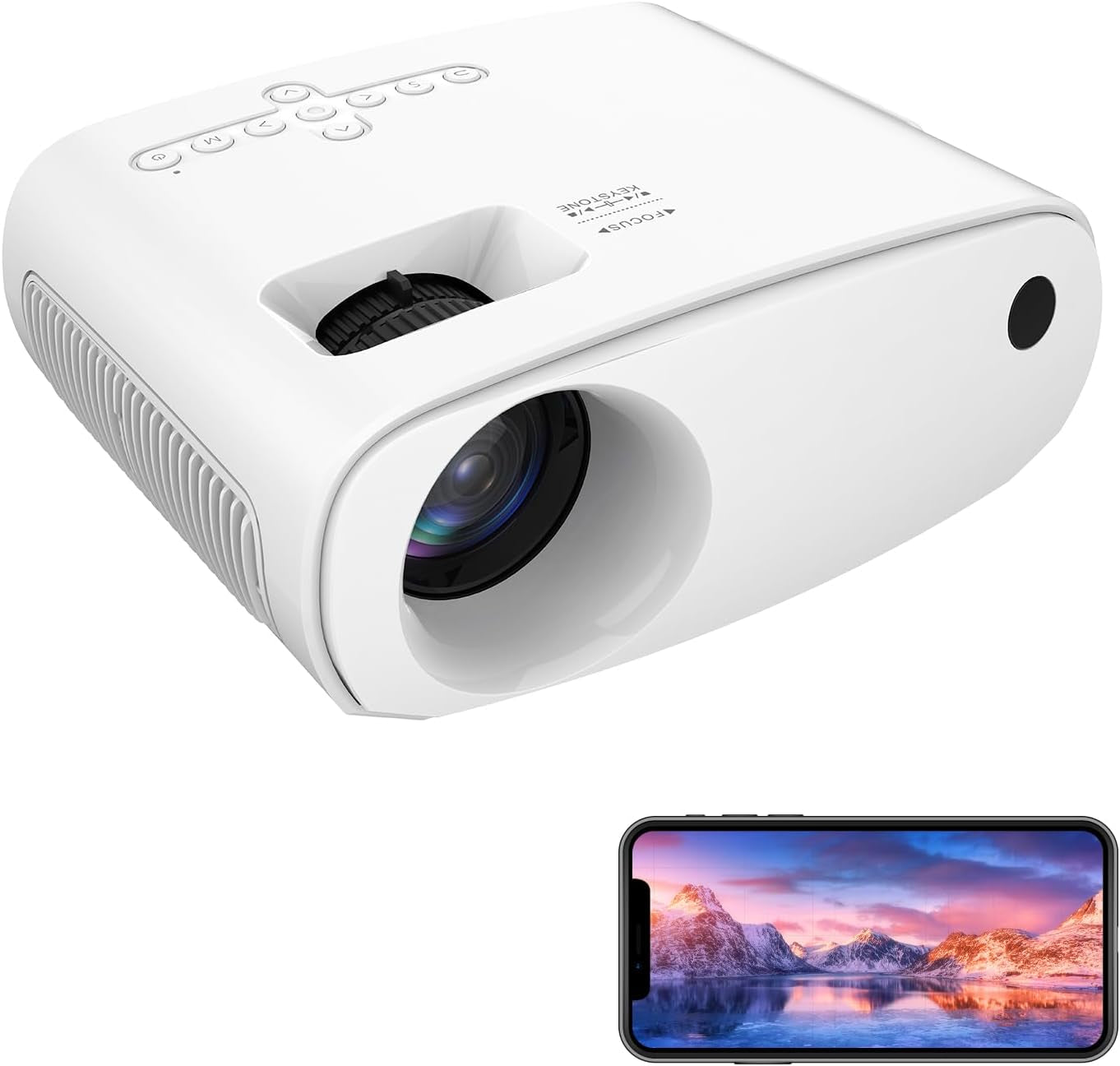 Mini Projector with Wifi Portable Projector Support 1080P 170" Mini HD Movie Projector, Outdoor Projector Compatible with Phone/ Tablet/ Laptop/ TV Stick/ PS4/ HDMI/USB - White