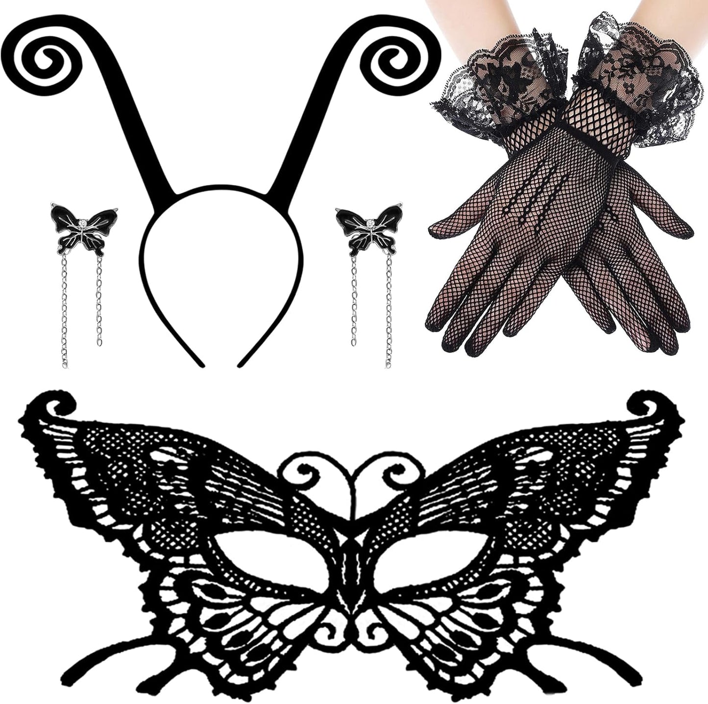 Butterfly Antenna Headband with Butterfly Lace Mask for Halloween Party Cosplay Butterfly Wings Costume Accessory - Black