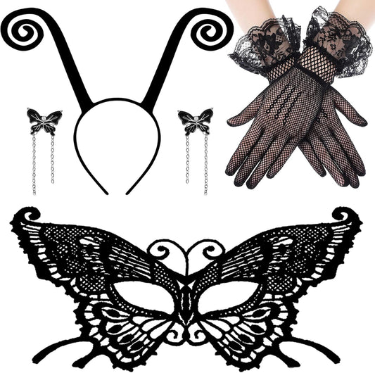 Butterfly Antenna Headband with Butterfly Lace Mask for Halloween Party Cosplay Butterfly Wings Costume Accessory - Black