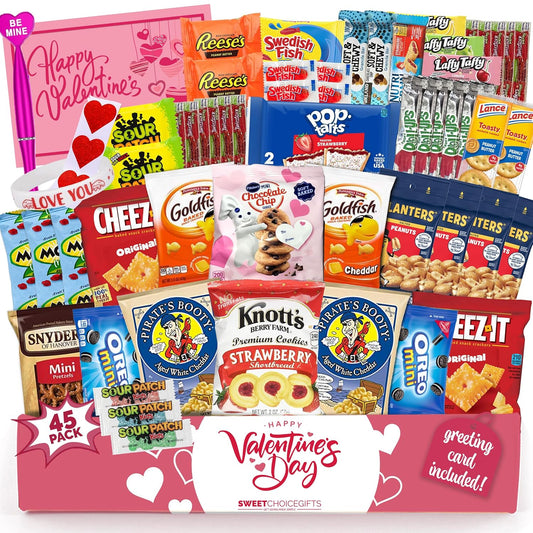 Valentine'S Day Care Package (45Ct) Snacks Chocolates Candy Gift Box Assortment Variety Bundle Crate Present for Boy Girl Friend Student College Child Husband Wife Boyfriend Girlfriend Love Niece