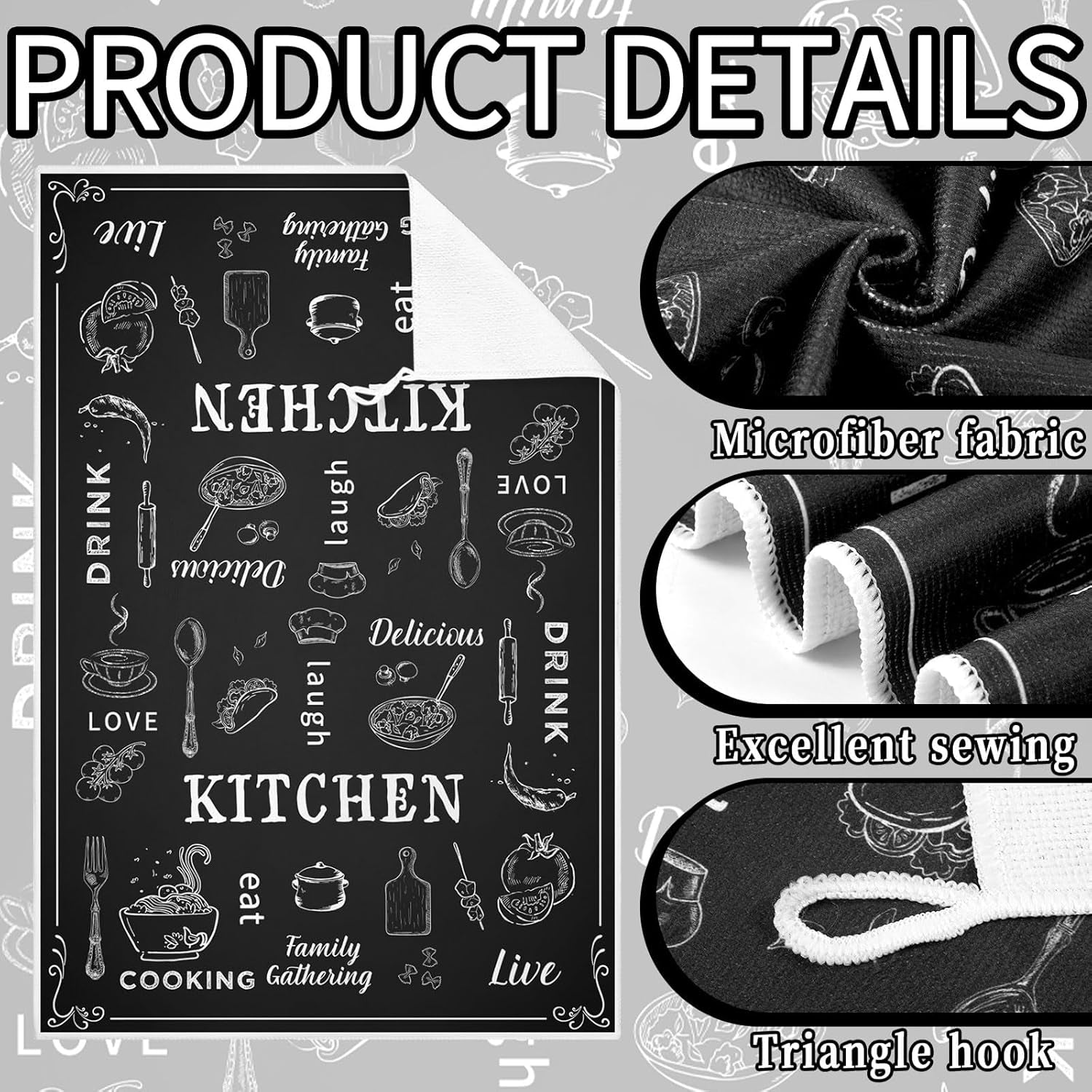 6 Pcs Kitchen Towels Sets Decorative Dish Towels Absorbent Fast Drying Hand Cloths Hanging Reusable Cleaning Dishcloths for Cooking Housewarming(Black White,Food)