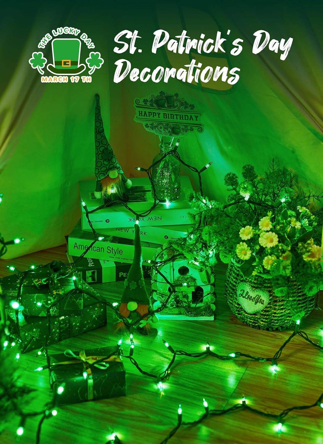 St. Patrick Mini String Lights, 50 Count 12 Feet Incandescent Bulb St Patrick Day Lights, Waterproof Green Lights for Indoor Xmas Tree Garland Birthday Wedding Party Festival Decoration, Green Wire