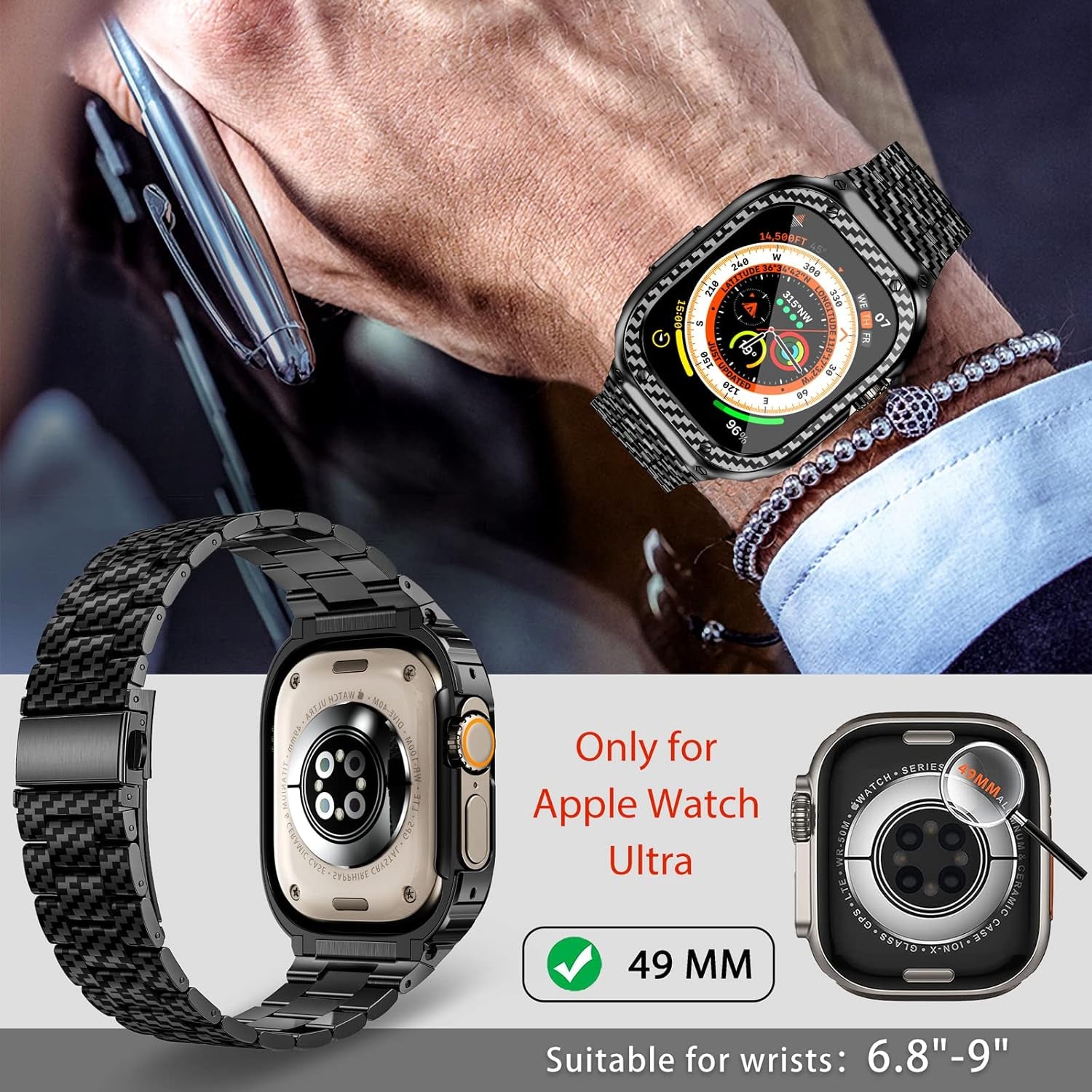 Stainless Steel Band and Case Compatible with Apple Watch Band 49Mm, Men Metal Protective Bumper Cover for Iwatch Ultra 2/1, Black Pattern
