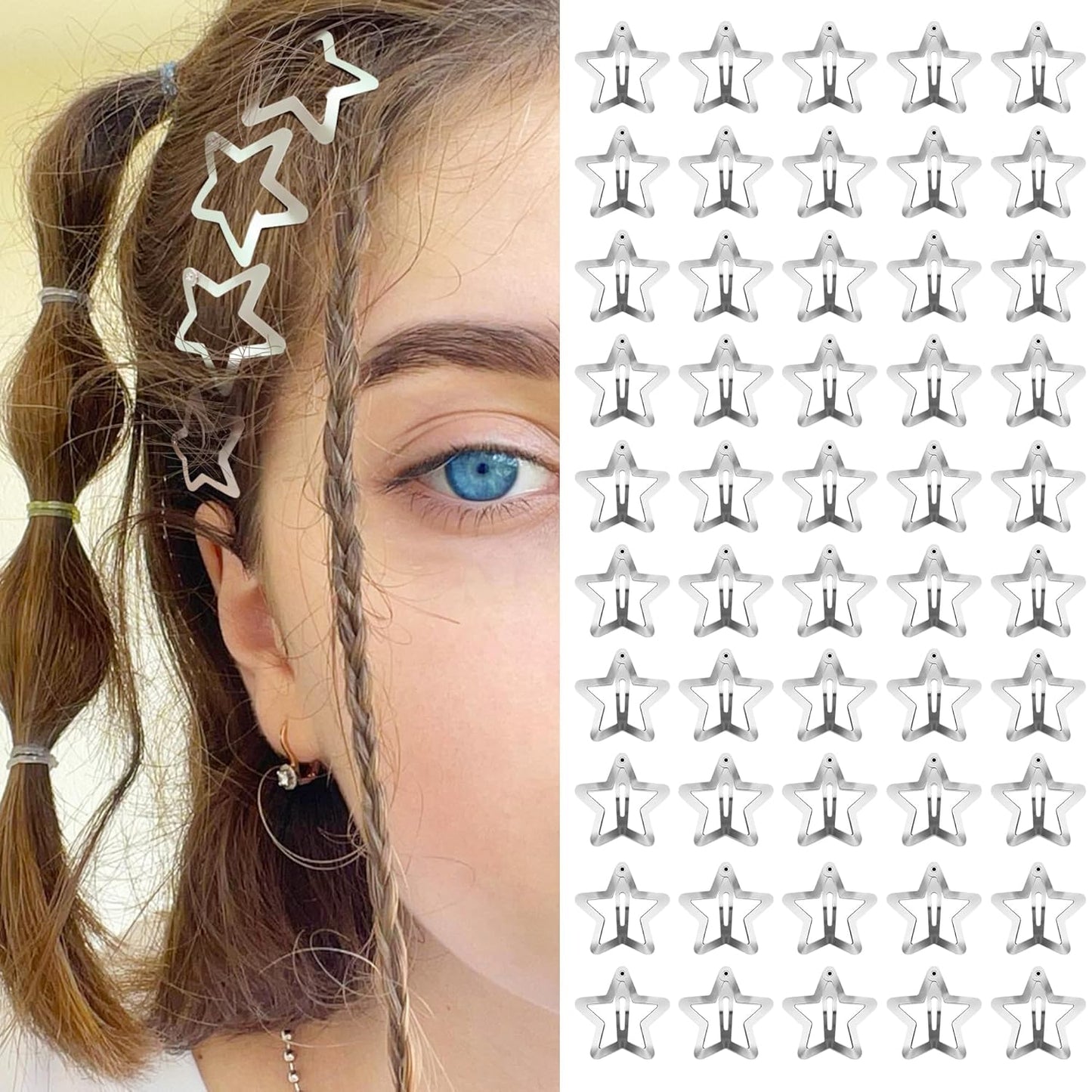 Star Hair Clips 2000S Y2K Snap Hair Barrettes Non Slip Star Hair Accessories Silver Metal Hair Clips for Girls Women -15 PCS 1.57"